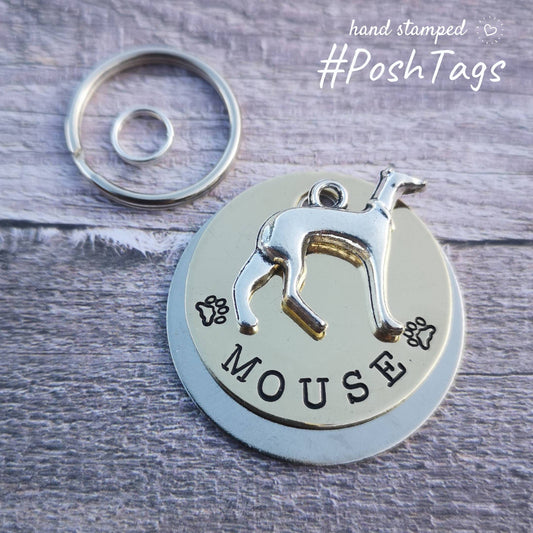 Greyhound lurcher whippet sighthound - nice and simple  - add your pet name - pet dog ID collar tag