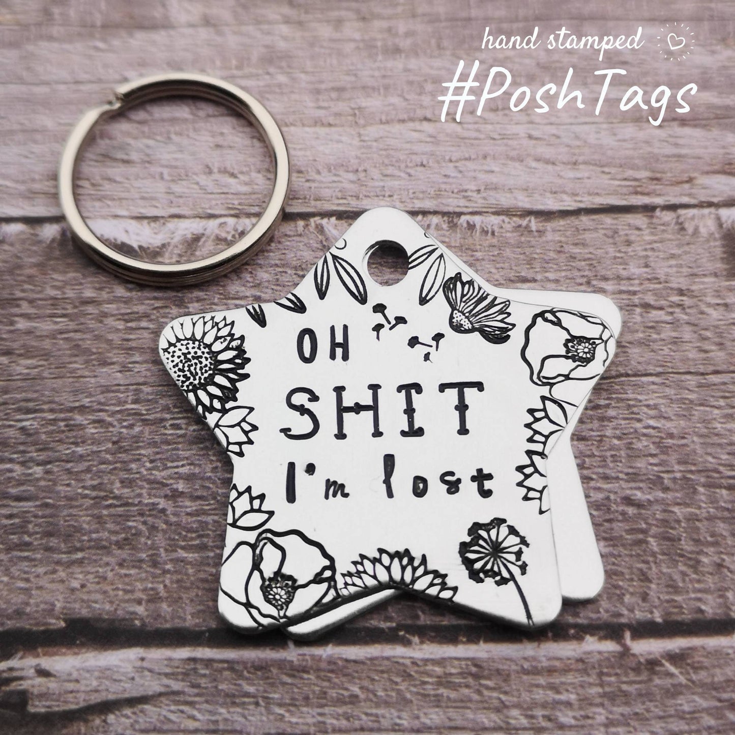 Oh shit I'm lost - Floral flowers - silver or black star shaped tags - pet dog ID collar tag