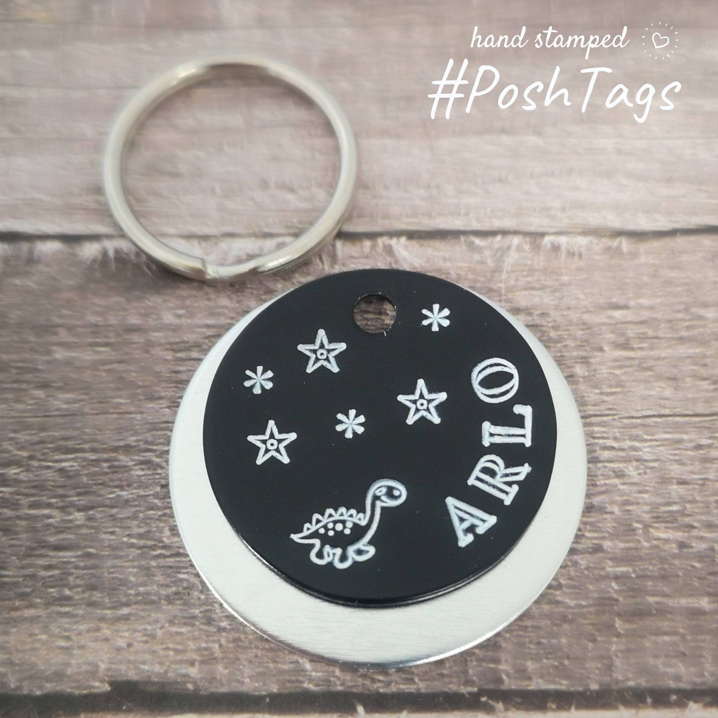Dinosaur Arlo (or any name) - stars and trees - pink black silver - pet cat dog ID collar tag