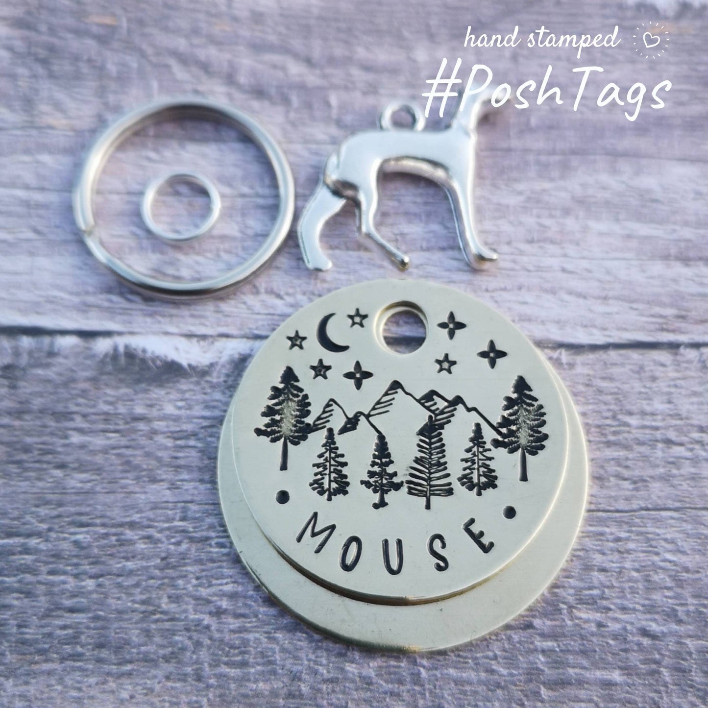 Greyhound lurcher whippet sighthound and nature tree scene, starry sky, moon, paw charm - add your pet name - pet dog ID collar tag