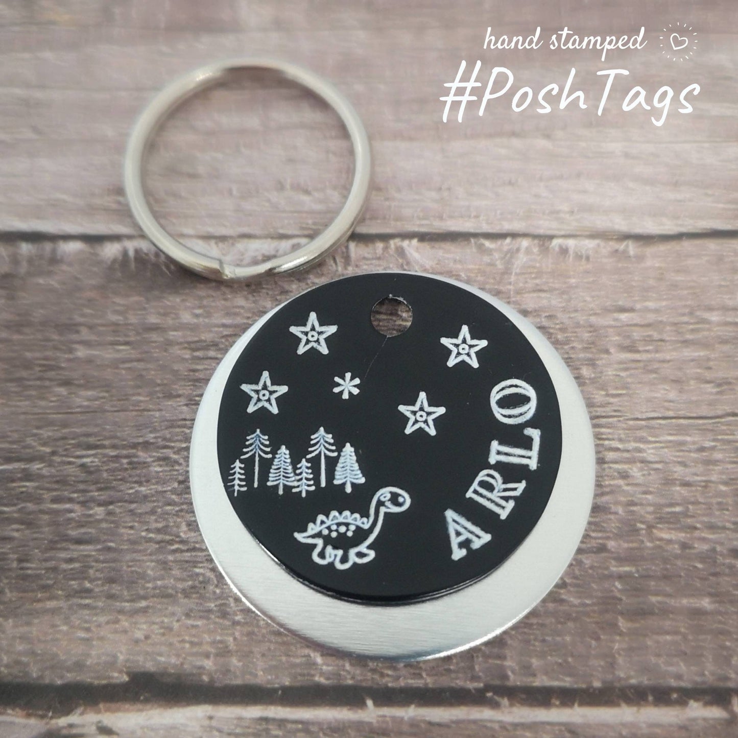 Dinosaur Arlo (or any name) - stars and trees - pink black silver - pet cat dog ID collar tag