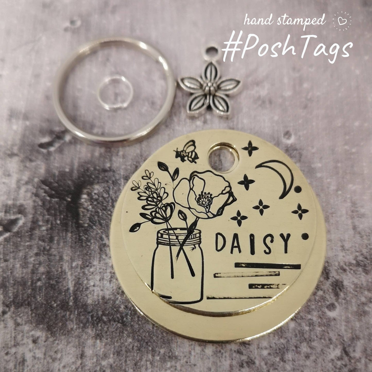 Jar of flowers, bee, moon, stars - add your pet name - pet dog ID collar tag
