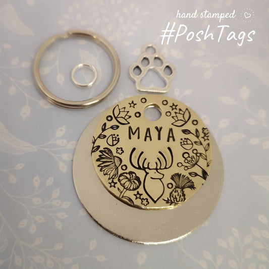 Deer Stag - pretty floral - 3 sizes - Thistle wildflowers stars - pet cat dog ID collar tag
