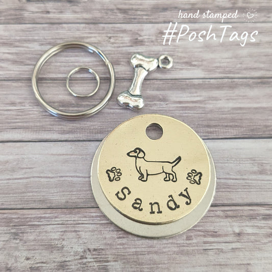 Dachshund sausage dog hand stamped bone charm handmade dog tag #PoshTags Collar Christmas Gift Idea