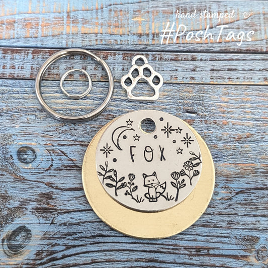 Fox (any name) cute - moon and wild flowers meadow field - choice of colours dog puppy pet tag ID #PoshTags Collar Christmas Gift Idea