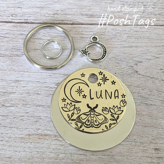 Moth & Moon - add your pet name - stars magic floral flower witch pretty mystical - cat dog pet tag ID PoshTags Collar Christmas Gift Idea