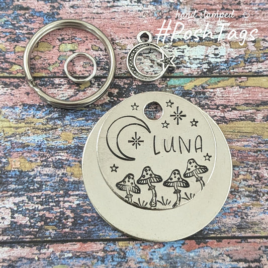 Moon & toadstools - Luna (or your pet name or "chipped") magic mushrooms cute stars - pet cat dog ID collar tag
