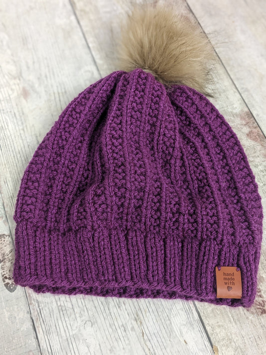 Hand knitted with love Raspberry red ribbed texture beanie bobble faux fur pompom hat #PoshTags