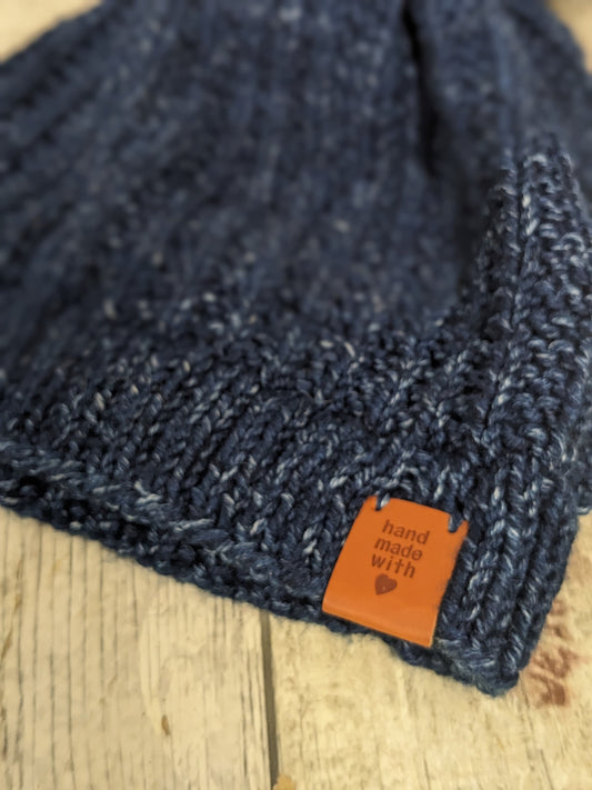 Hand knitted with love Navy Blue fleck ribbed texture beanie bobble faux fur pompom hat #PoshTags