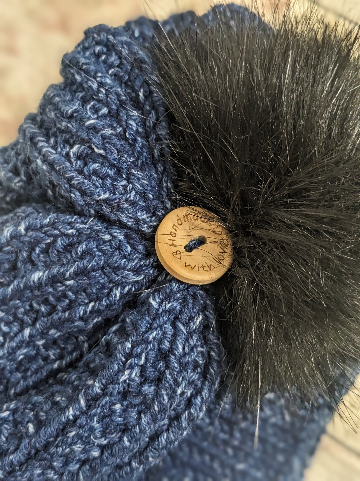 Hand knitted with love Navy Blue fleck ribbed texture beanie bobble faux fur pompom hat #PoshTags