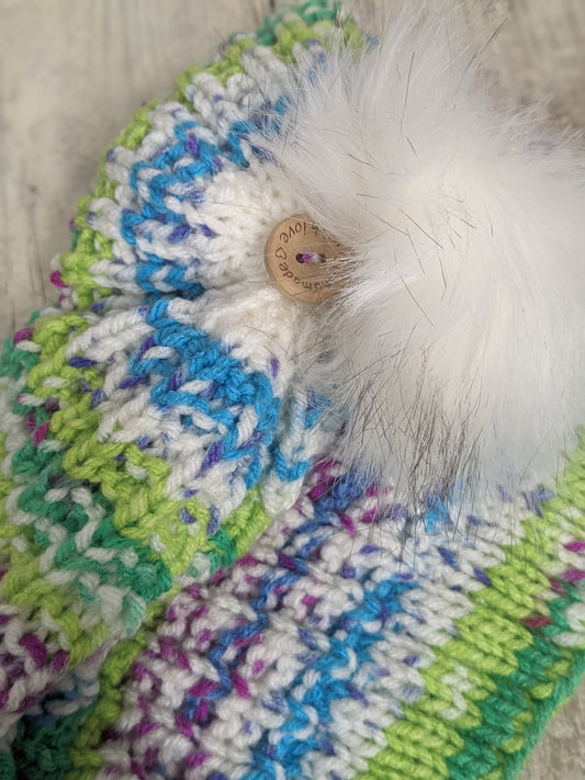 Hand knitted with love bright colours funky unique green purple blue white ribbed texture beanie bobble faux fur pompom hat #PoshTags