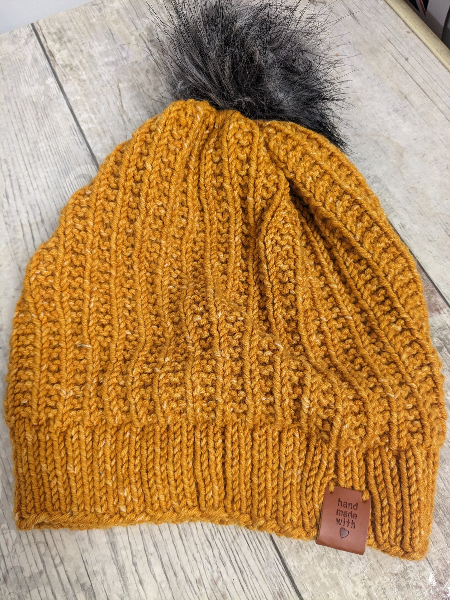 Hand knitted with love mustard ochre yellow fleck funky unique ribbed texture beanie bobble faux fur pompom hat #Posh