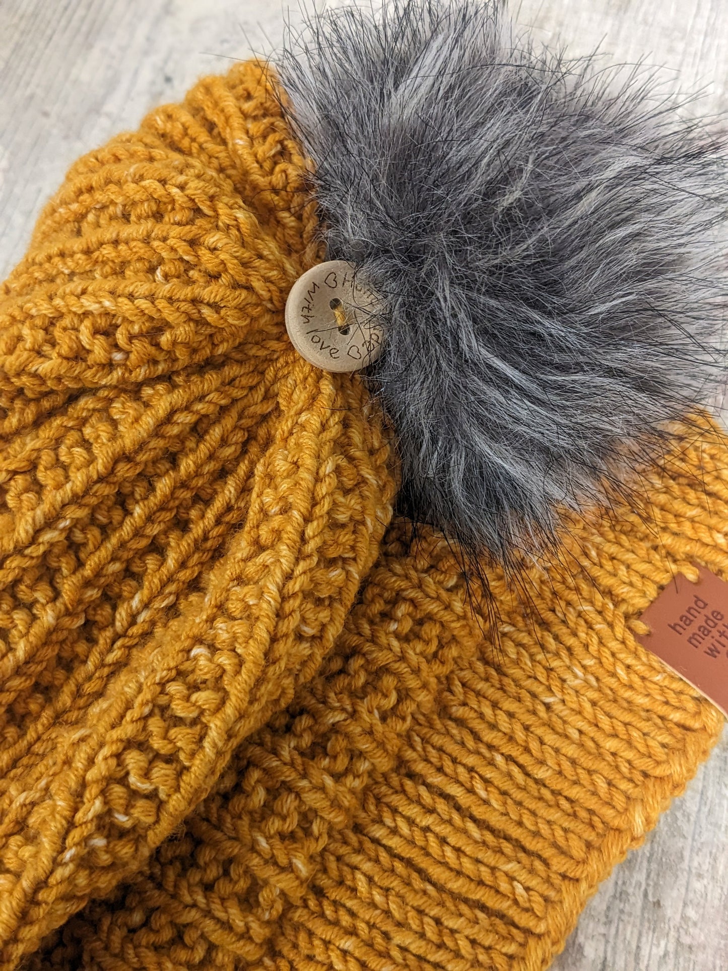 Hand knitted with love mustard ochre yellow fleck funky unique ribbed texture beanie bobble faux fur pompom hat #Posh