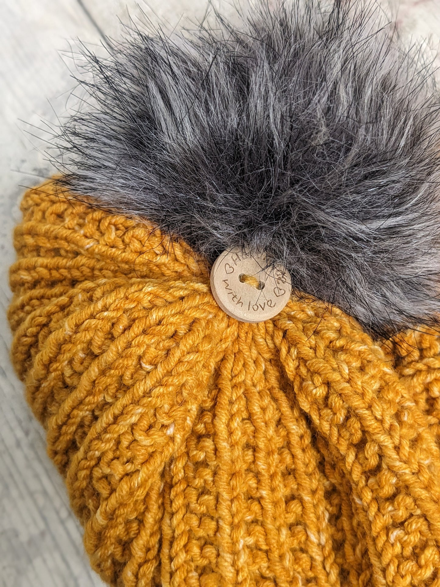 Hand knitted with love mustard ochre yellow fleck funky unique ribbed texture beanie bobble faux fur pompom hat #Posh