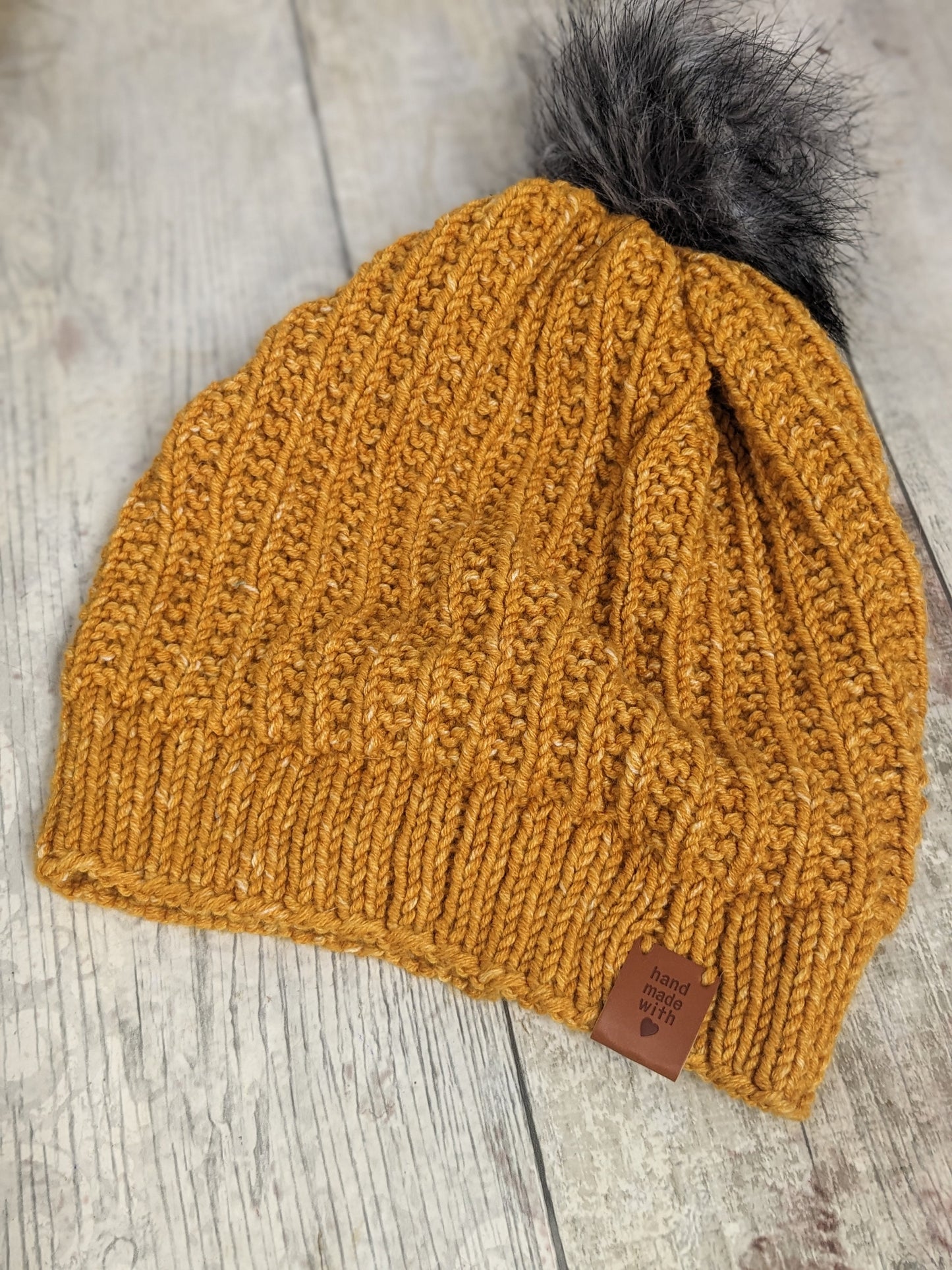 Hand knitted with love mustard ochre yellow fleck funky unique ribbed texture beanie bobble faux fur pompom hat #Posh