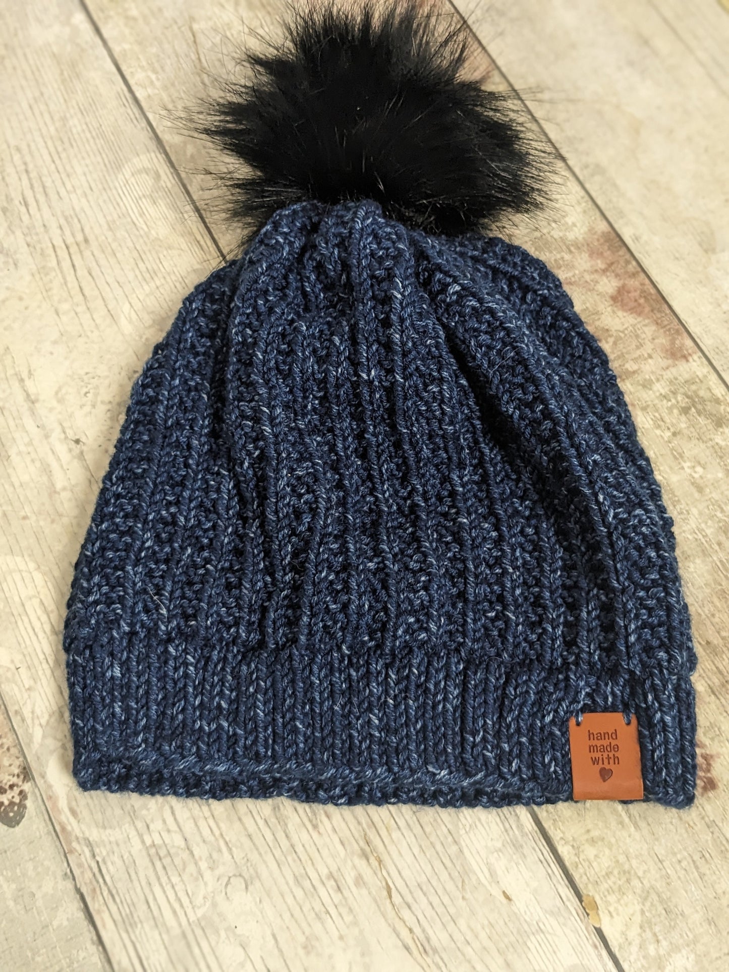 Hand knitted with love Navy Blue fleck ribbed texture beanie bobble faux fur pompom hat #PoshTags