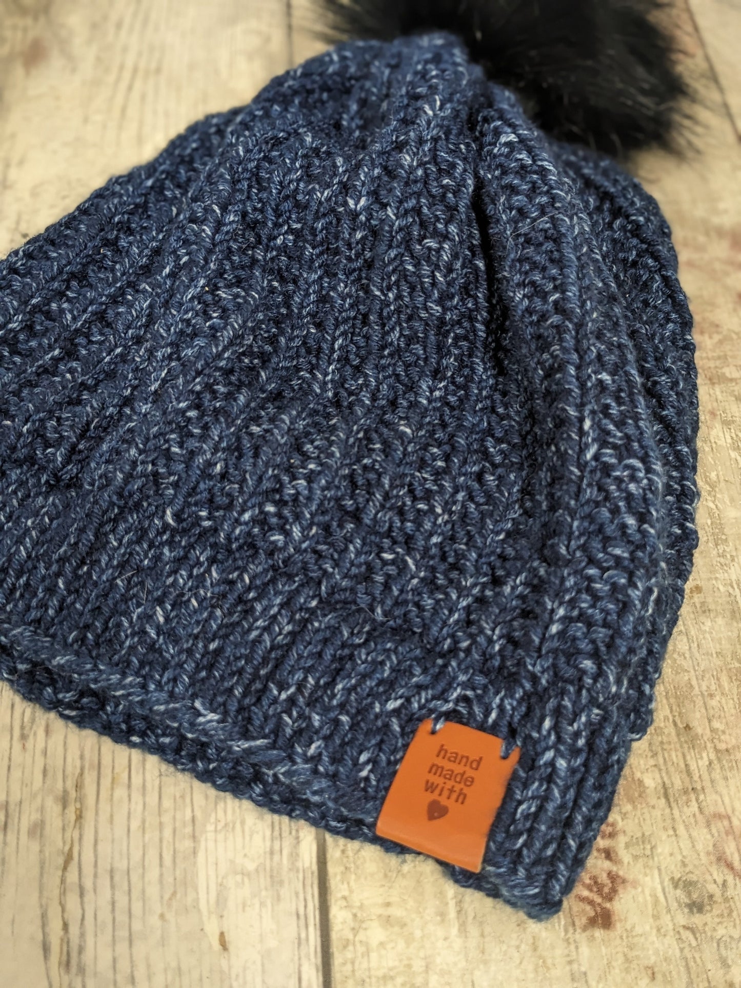 Hand knitted with love Navy Blue fleck ribbed texture beanie bobble faux fur pompom hat #PoshTags